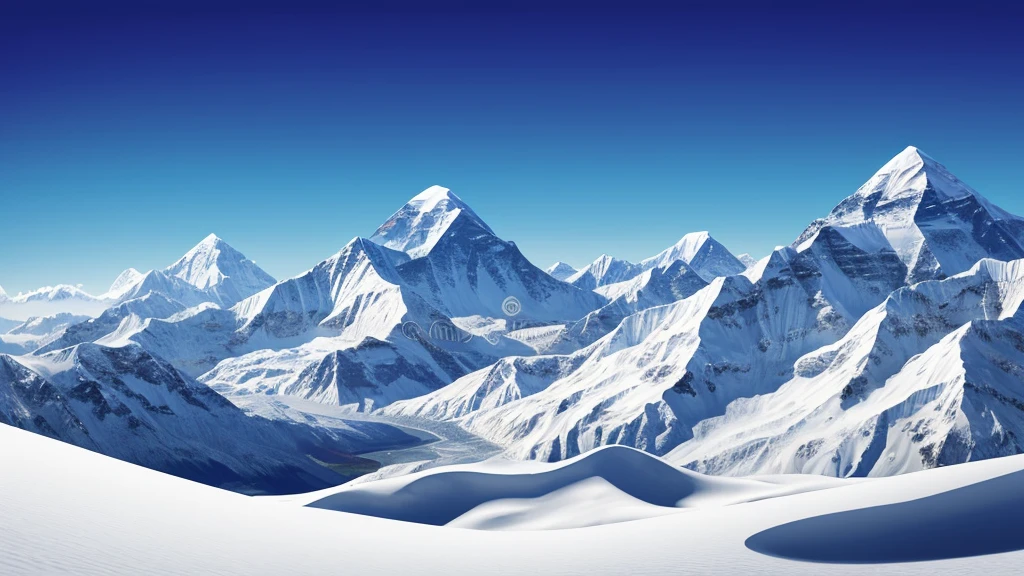 ((high resolution: 1.1))Himalayas,Snowy,The sky is magnificent。Wide panorama,high resolution、High Definition,Cool colors,Flat Wind,Minimalist illustration,Vector。((high resolution: 1.1))Illustration of a snow mountain range in the vector, using simple shapes and a 2D flat, vector artwork features beautiful colors with a blue sky and orange sunset, peaks, capped, covered, resembling a view, Mount Everest,Flat Wind,Minimalist illustration,Vector。
