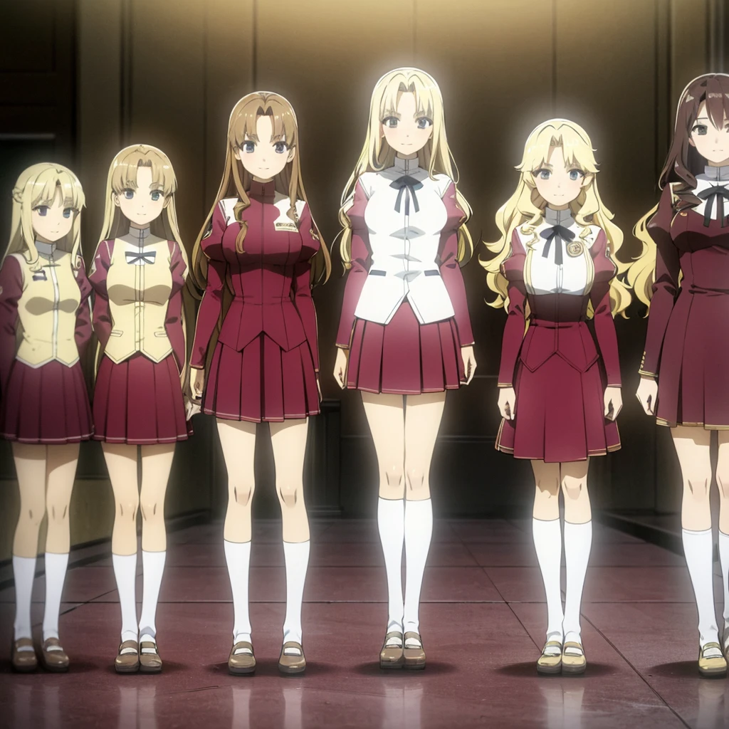 masterpiece, high quality, Multiple girls, organization, Same sisters, Blonde Hair, curls, (brown haired sisters, Blonde sisters, many sisters, Match hairstyle, different hair colors), Hazel eyes, Medium bust, ((Matching Clothing, Uniforms)), Smile, flat_color, Same height, organization pose, Back to back,