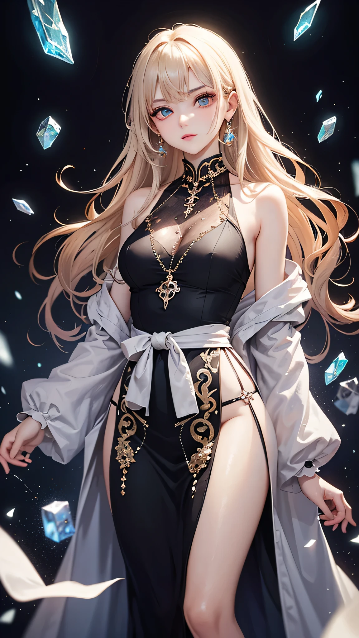 One girl, Long Hair, Light Hair Color, Captivating eyes, Mysterious look, Mature Appearance, Attractive dress, loose fitting dress, Elegant Jewelry, Elaborate decoration, Magic symbols, Glowing Accessories, Portion, Scroll, Cute accent,ribbon, Magic Effects, Crystal Jade, Particles of light, Rubik&#39;s Square,