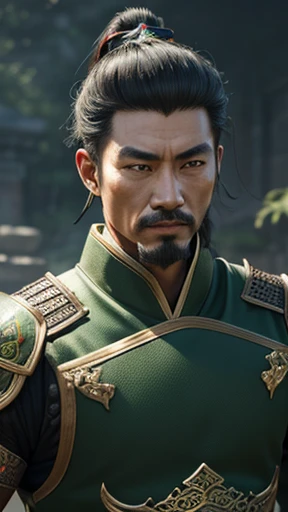 Oriental、Ancient Chinese man in green armor、ancient chinese hairstyle male、Three Kingdomultiple warlords、Highest quality、masterpiece、Ultra-high resolution、(Realistic:1.4)、Game Poster、Crisp and beautiful image quality、alone