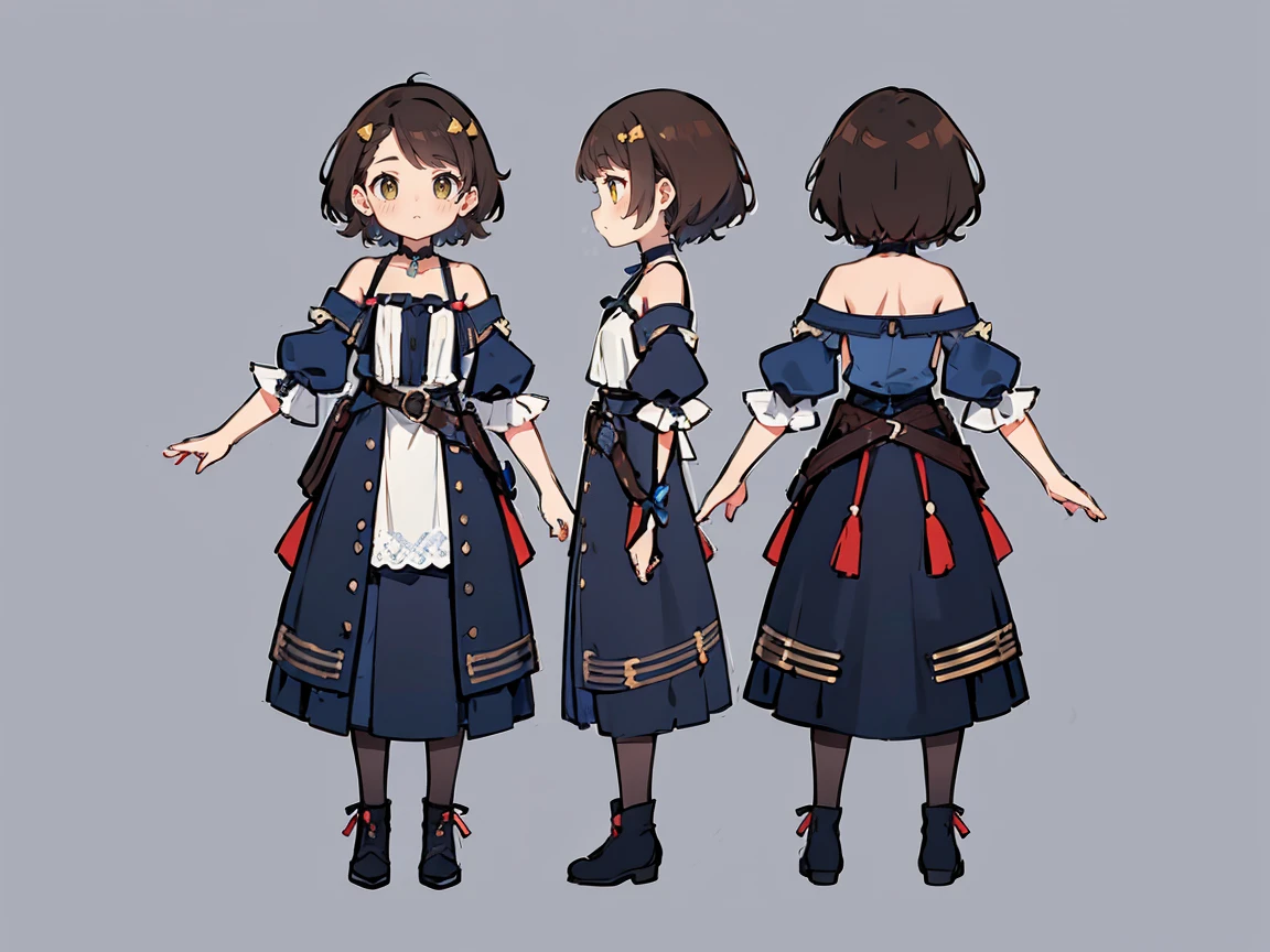 (((three-sided view, front view, side view, back view, multiple views, multiple poses and expressions, many parts)), concept art, character concept art, character sheet, Full body, illustration, (simple background, gray background), 1 character, 1girl, fantasy art:1.1), shoko sashinami, valvrave, 1 girl, brown hair, green eyes, smiling, belt, ribbon choker, black choker, ribbon, wind blowing dress, lace dress, blue camisole, half-sleeves, off-shoulder sleeves