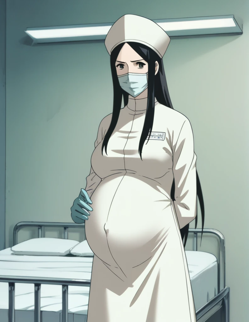 score_9, score_8_up, score_7_up, source_anime, masterpiece, highest quality, kasuganoray, pale skin, long hair, shy eyes, highest quality, masterpiece, big breasts, surgical mask, surgical cap, long sleeve maternity dress, seamless,
1 girl, pregnant, solo, rubber gloves, frown, standing, in one hospital, hospital bed,