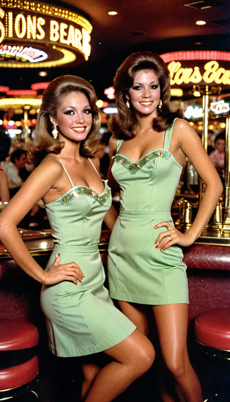 2 beautiful waitresses in Las Vegas at the casino bar in 1976s