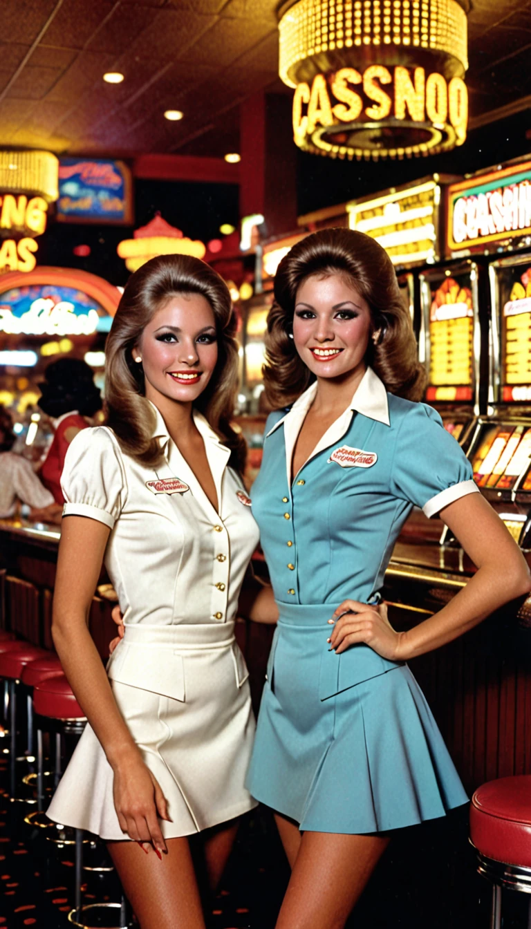 2 beautiful waitresses in Las Vegas at the casino bar in 1976s