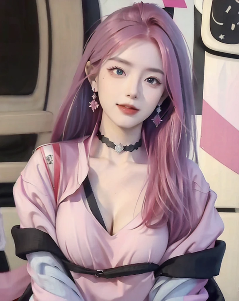 (masterpiece, best quality, 1girl, solo, intricate details, chromatic aberration), realistic, ((medium breath)),long hair, pink hair, red head ornament, pink highlights, hair over one eye,purple eyes, earrings, sharp eyes, choker, neon shirt, open jacket, crop top, (symmetry eyes),(perfect symmetrical body),against wall, brick wall, graffiti, dim lighting, alley ,look at viewer, Charming Face, see breast
