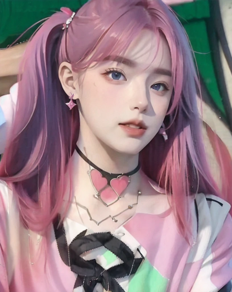 (masterpiece, best quality, 1girl, solo, intricate details, chromatic aberration), realistic, ((medium breath)),long hair, pink hair, red head ornament, pink highlights, hair over one eye,purple eyes, earrings, sharp eyes, choker, neon shirt, open jacket, crop top, (symmetry eyes),(perfect symmetrical body),against wall, brick wall, graffiti, dim lighting, alley ,look at viewer, Charming Face, see breast