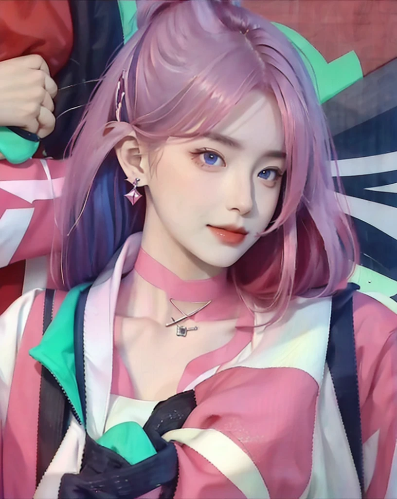 (masterpiece, best quality, 1girl, solo, intricate details, chromatic aberration), realistic, ((medium breath)),long hair, pink hair, red head ornament, pink highlights, hair over one eye,purple eyes, earrings, sharp eyes, choker, neon shirt, open jacket, crop top, (symmetry eyes),(perfect symmetrical body),against wall, brick wall, graffiti, dim lighting, alley ,look at viewer, Charming Face, see breast