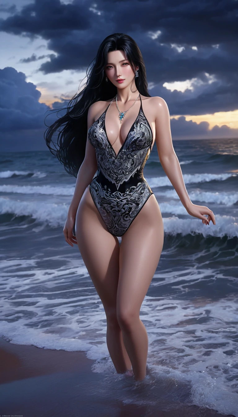 4K resolution,8K resolution,beautiful,Highest quality,Absolutely wonderful,Very detailed,Ultra-high resolution,masterpiece,(Realistic:1.5),(Realistic:1.5),Increased depth of field,Cinematic Light,
One elegant mature woman,
Long black hair,精巧なディテールのbeautiful顔,A face full of compassion,Moist eyes,Transparent white skin,Very sensitive skin,Great proportions,Glamorous Body,Anatomically correct body,
Elegant high leg swimsuit,Cool design,Gorgeous and detailed pattern,Beautifully detailed pattern,Detailed cloth texture,Gorgeous necklace Dark night sky covered with clouds,Coastline stretching to the horizon,Deserted beach,Dark sea surface,
(Dramatic Angle:1.5),