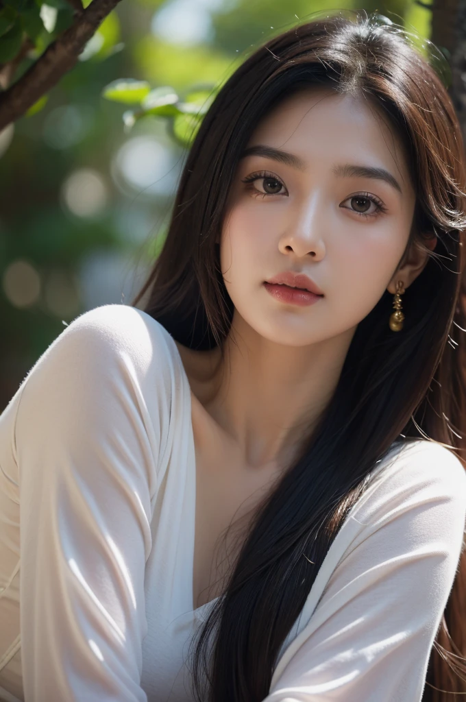 8k, highest quality, ultra details, portrait, Meera, Asian European, natural lighting, soft focus, serene expression