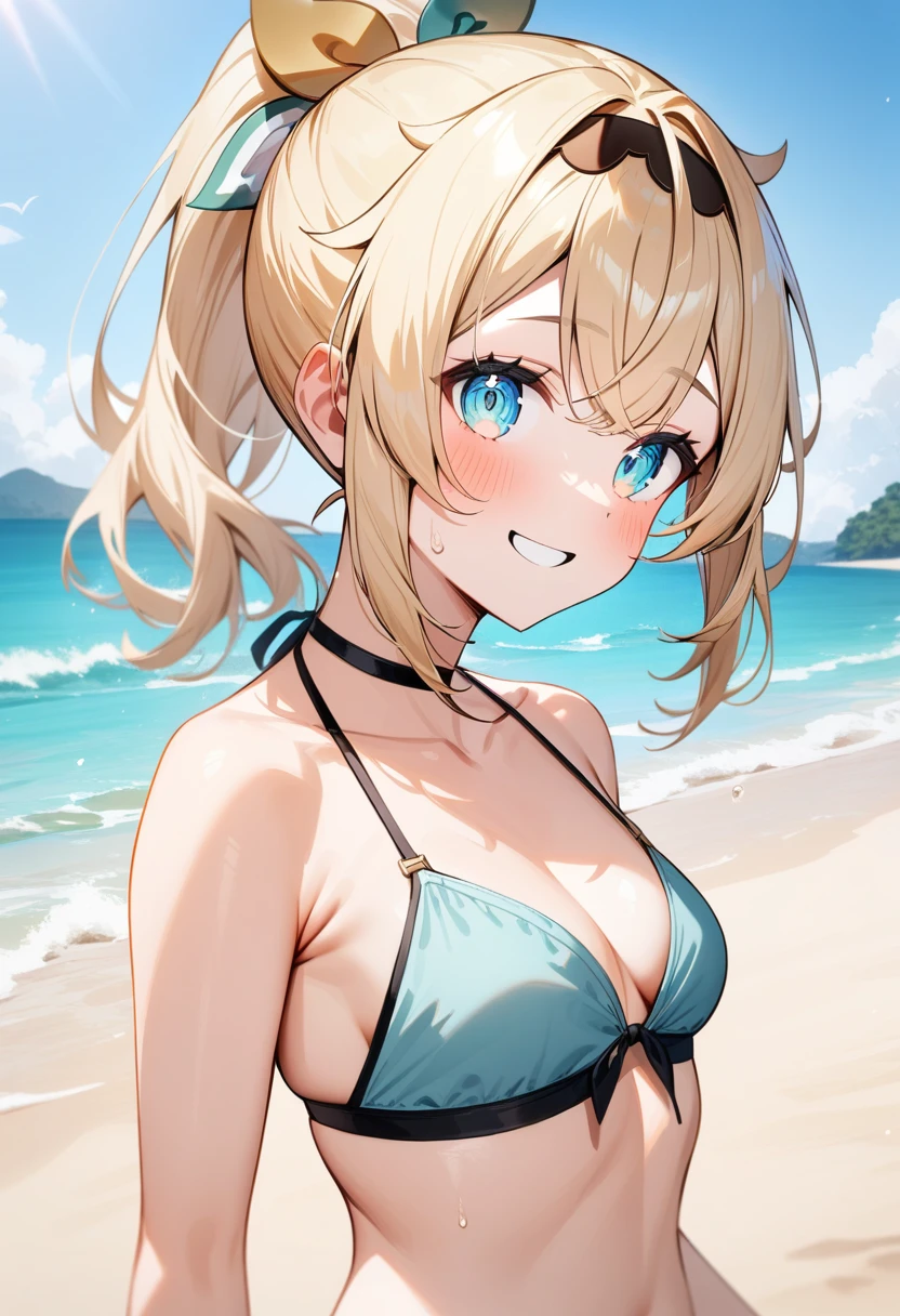 masterpiece, best quality, very aesthetic, absurdres, 1girl, kazama iroha, hololive, upper body, ponytail, blonde hair, bangs, eyebrows, blue eyes, small breasts, alternate costume, bikini, standing, smile, beach