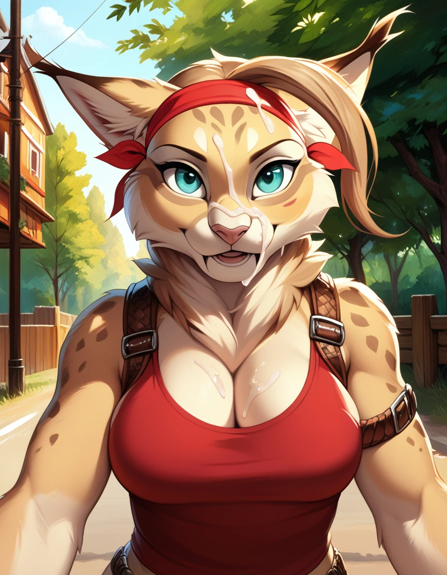 doubletroublexl, jade (kabscorner), 1girl, lynx, source_furry, realism, cowboy shot, belt across breasts, white and red shirt, headshot, upper body, face focus, solo, pulling on headband, female focus, happy, tan fur, red headband, short blond hair with fringe, white and red tank top, brown leather boob strap, thigh and arm straps, green outdoors background with trees and a wooden fence fence, clearing, road, building, detailed fur, score_9, score_8_up, score_7_up, (((cum on face)))