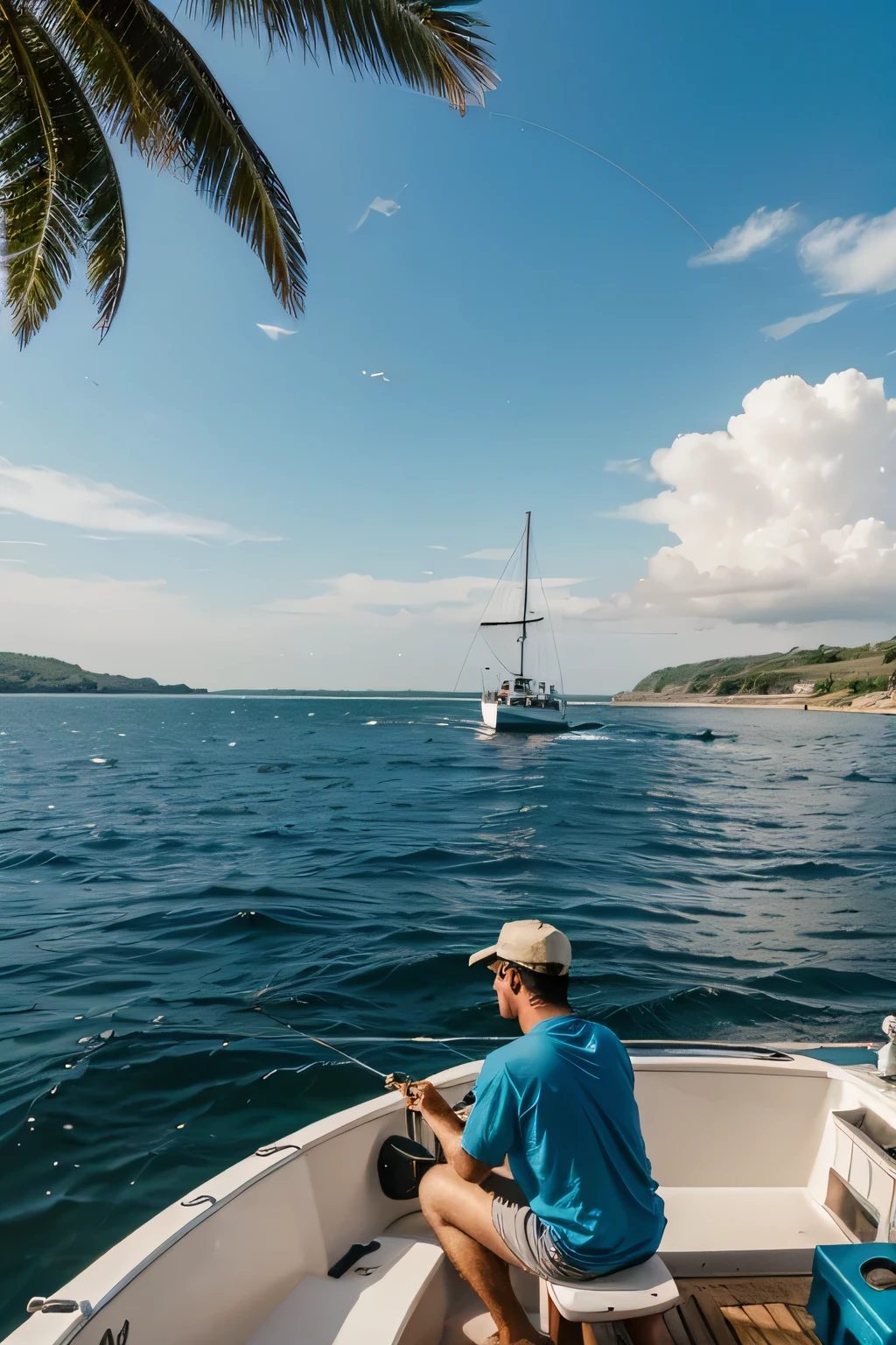 make me a man who is fishing in the sea with his small boat and catches lots of fish