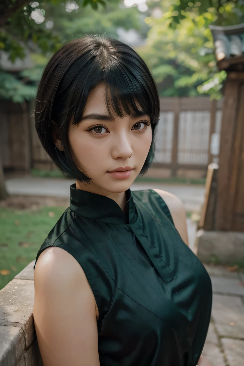 a girl with medium wolf cut hairstyle, green and black hair, looking forward, beautiful face, masterpiece, best quality, asian clothing, korean girl, green eyes, masterpiece, portrait.