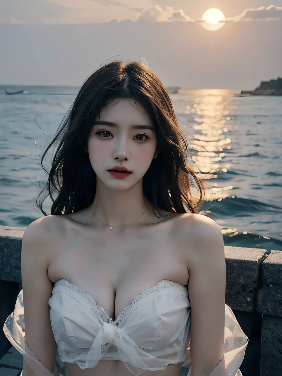 1girl, (looking at viewer:1.2), detail face, (a girl standing, rending on , sun falling and sea backdrop,(D cup,Cleavage,White translucent bandeau,), romanticism, atmospheric, (RAW photo, best quality), (realistic, photo-realistic:1.3), masterpiece, an extremely delicate and beautiful, extremely detailed,