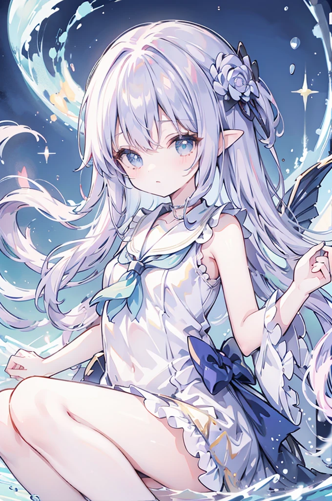 mermaidモチーフのMagical girl、Highest quality、Loriータ、Confused eyes、Primary school students、small、、Young Girl、Water Manipulation Magic、水を司るMagical girl、beautiful girl、cute、Full-body portrait、light blue、Have a koto、Playing the lyre、Clear eyes、pose、Magic Exerciseermaid、Magical girl、front、Deathblow、真front、high resolution、真frontを向いている、cool