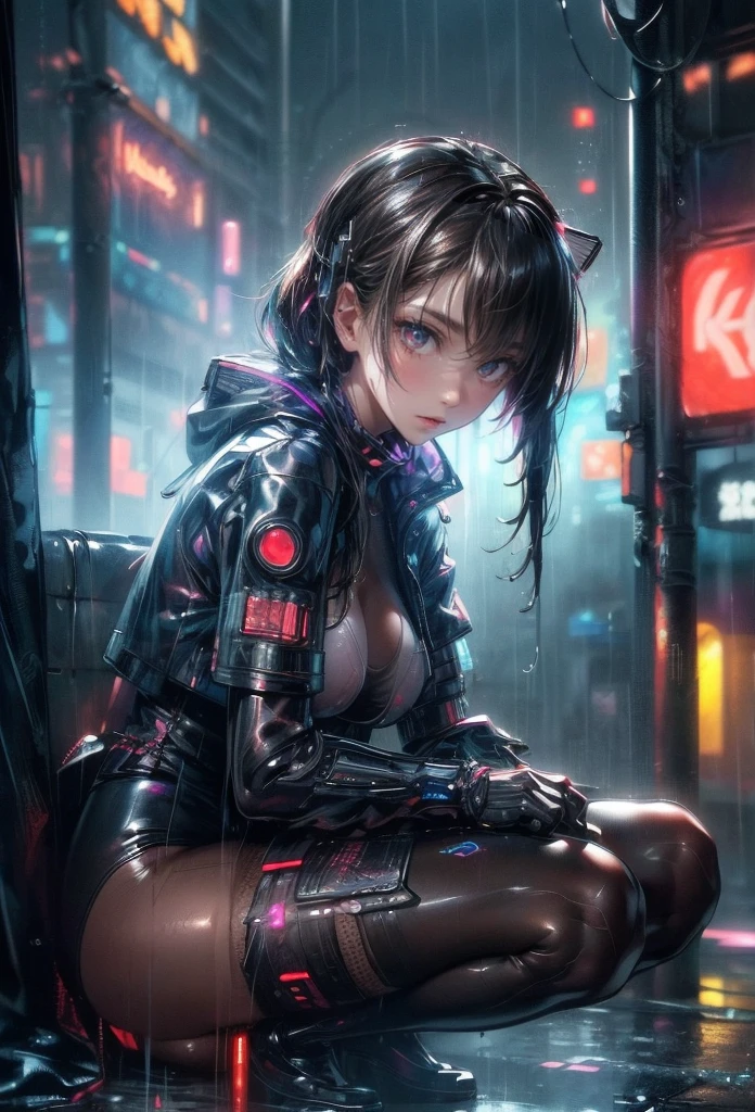 nsfw、(masterpiece, Highest quality, Super detailed:1.3), Perfect composition, 4K, (Very detailed, Super detailed),(Rainy cyberpunk night city:1.5), (Brown full-body tights)、Wear a white swimsuit over tights、White sheer long latex gloves、Transparent long latex tights,(The skin is slightly visible)、 High resolution, 8k Texture, Attention to detail, Very detailed肌の質感, Magnificent details, High Sharpness, One girl, (Fine grain:1.3), (25-year-old woman:1.3),(A smile that lowers the corners of the eyeouth showing teeth、((Rain makes me wet))