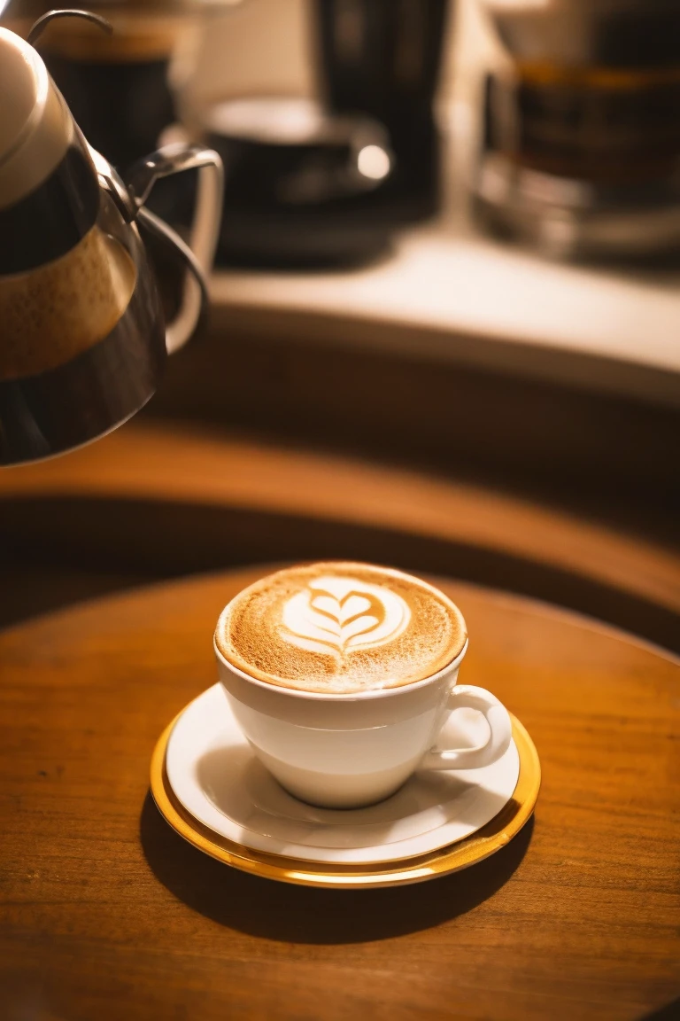 ((one coffee cup)), coffee cup, Michelin Star, captivating presentation, golden hour, shallow depth of field, very realistic colors and pleasant light, close-up, Sony FE