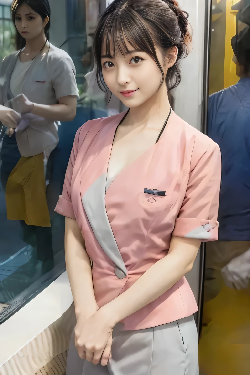 (masterpiece:1.2, Highest quality:1.2), 32k HDR, High resolution, (alone、1 girl)、 (Height: 160cm)、(On the rooftop of a building in the daytime、Professional Lighting)、Building rooftop background、(Nankai train crew uniform pinkを着たリアルスタイル)、(Nankai train crew uniform pink short sleeve collarless pink jacket、Nankai Train Crew Uniform Pink Collarless Short Sleeve Blouse、Nankai Train Crew Uniform Pink Grey Knee-length Culottes)、(The pink jacket is showing from the culottes.)、Dark brown hair、(Hair tied up、Hair tied up、Evening curly hairstyle)、Dark brown hair、Long Shot、Big Breasts、Thin legs、((Great hands:2.0)),((Harmonious body proportions:1.5)),((Normal limbs:2.0)),((Normal finger:2.0)),((Delicate eyes:2.0)),((Normal eyes:2.0)))、smile、(Nankai Train Crew Uniform Pink Grey Knee-length Culottesを見せた美しい歩く姿)、Place your hands around your stomach