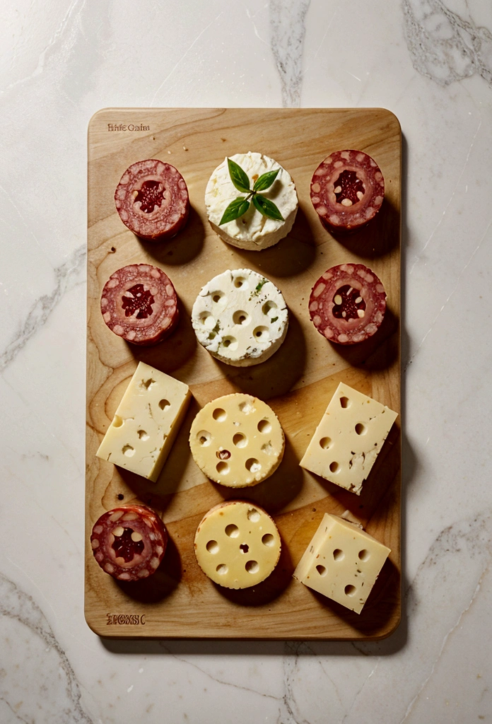 a wooden board with a few items arranged in an organized manner for a culinary presentation. Items on the board include:
A piece of salami, with some slices cut and arranged on the board.
Some green olives, arranged next to the salami.
Cheese cubes, placed in a corner of the board.
A larger piece of cheese, which appears to be Swiss cheese (possibly Emmental), with characteristic holes.
In the background, there is a crusty bread.
The arrangement of the food on the board suggests a presentation of appetizers or a cold cuts board, ideal for serving as a starter or snack.