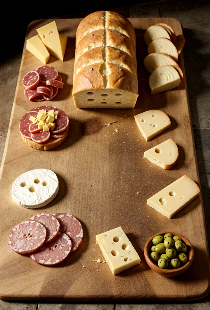 a wooden board with a few items arranged in an organized manner for a culinary presentation. Items on the board include:
A piece of salami, with some slices cut and arranged on the board.
Some green olives, arranged next to the salami.
Cheese cubes, placed in a corner of the board.
A larger piece of cheese, which appears to be Swiss cheese (possibly Emmental), with characteristic holes.
In the background, there is a crusty bread.
The arrangement of the food on the board suggests a presentation of appetizers or a cold cuts board, ideal for serving as a starter or snack.