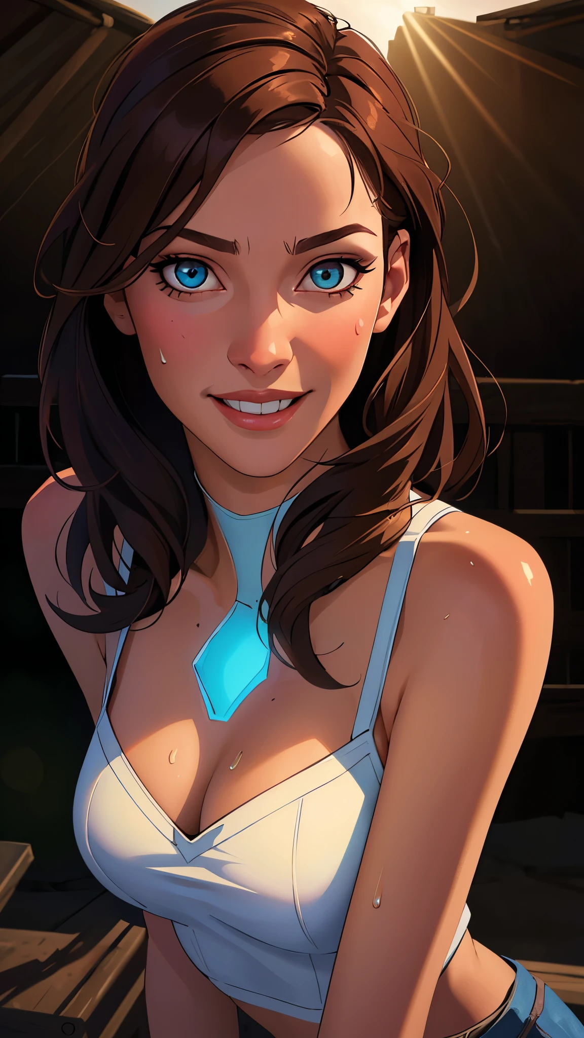 ((((masterpiece, best quality, high resolution)))), Extremely detailed 8K, 1 female, wearing a worn out cowboy outfit, (Ultra HD, Ultra-detailed, Highly detailed, Highly realistic, Ultra-realistic, photograph realistic), (1girl:1.5), (Realistic brown hair), (dynamic poses), facing at camera, looking at viewer, (smiling face), (hazel eyes, sharp eyes), (perky breasts:1.2), (beautiful detailed face, beautiful detailed eyes), sweat, glow, (sunbeam, sunlight), western scene, seductive, EnvyBetterHands LoCon,