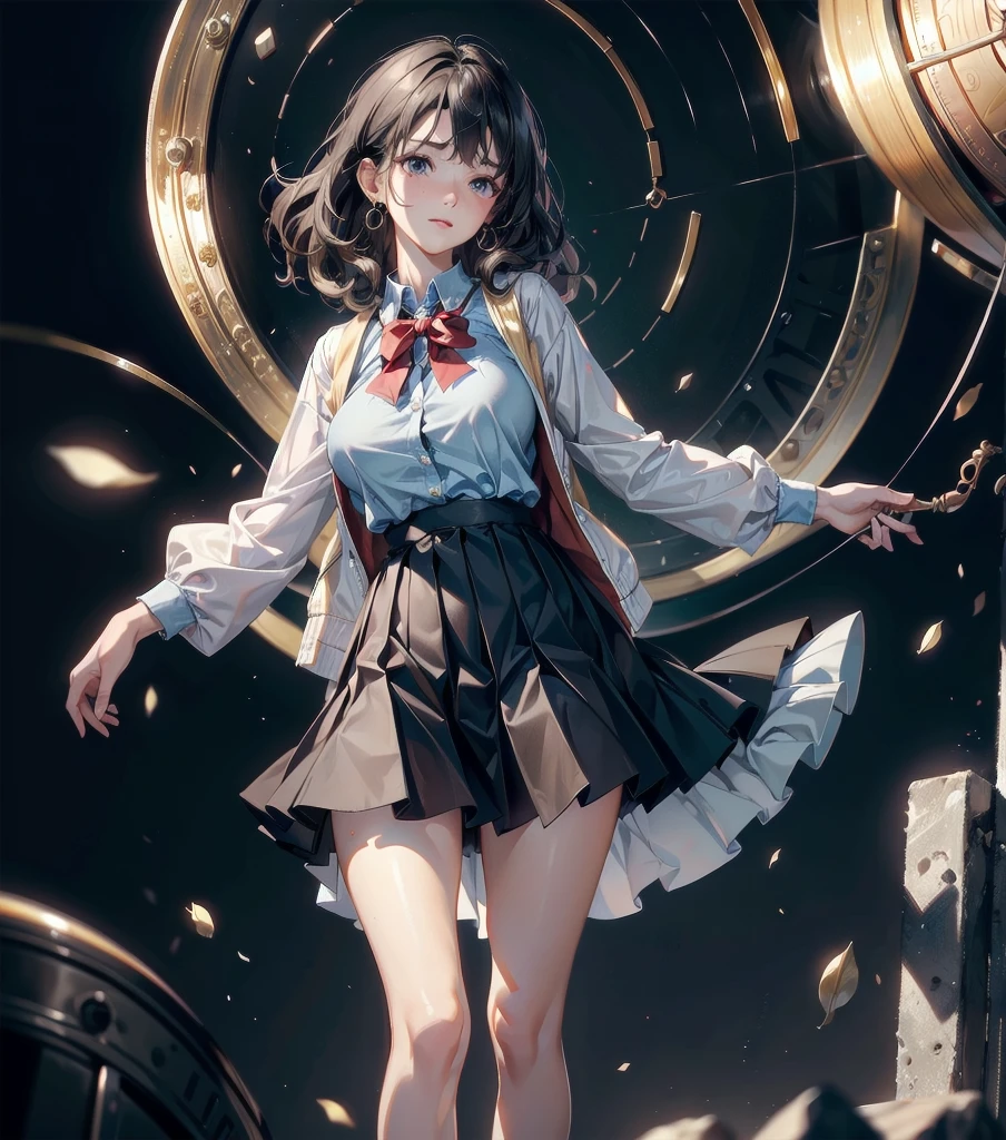 absurdres, RAW photo, extremely delicate and beautiful, masterpiece, Best Quality, ultra high resolution, 32k, hyperrealistic, ultra-detailed, ((perfect anatomy)), super Detailed skin, perfect figure, Very detailed CG 8k wallpaper, in her 20s, very small head, very small face, delicate facial features, tearful mole, earring, ((very huge round breasts)), full body shot, shorter middle hair, wavy hair, outdoor, ((school uniform)),