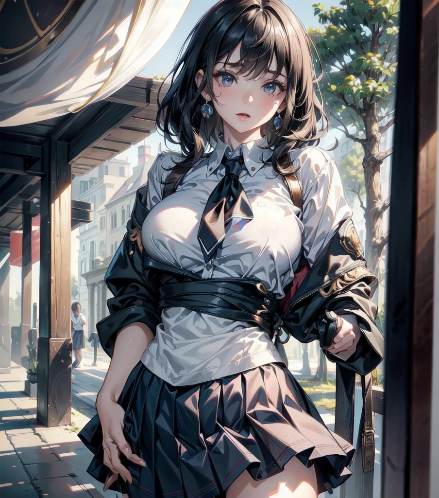absurdres, RAW photo, extremely delicate and beautiful, masterpiece, Best Quality, ultra high resolution, 32k, hyperrealistic, ultra-detailed, ((perfect anatomy)), super Detailed skin, perfect figure, Very detailed CG 8k wallpaper, in her 20s, very small head, very small face, delicate facial features, tearful mole, earring, ((very huge round breasts)), full body shot, shorter middle hair, wavy hair, outdoor, ((school uniform)),