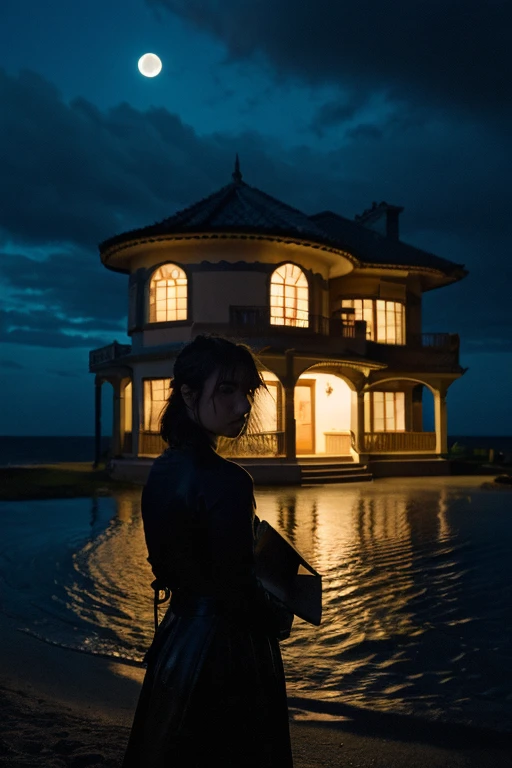 

The image must depict an old, isolated house by the sea at night. The architecture of the house is Victorian, with Gothic elements like tall windows and a weathered balcony. The facade of the house is partially lit by the dim light of the full moon., creating dramatic shadows and highlighting decadent details, like vines entwined on stone walls.

In the foreground, a female figure with dark hair and restless eyes, luna, is standing in the garden in front of the house. She holds an old diary with a worn leather cover, your hands shaking slightly due to the tension. O rosto de luna mostra uma mistura de determinação e medo enquanto ela olha fixamente para a entrada da casa, where two sinister shadows manifest.

Shadows are visible at the entrance to the house, seeming distorted and almost palpable, as if made of a dense and malevolent darkness. They have a humanoid appearance, but their shapes are distorted and irregular, suggesting a supernatural or evil presence. The shadows are in contrast to the moonlight, highlighting its threatening nature.

The night sky above is partially obscured by dark, stormy clouds, adding an element of tension and mystery to the environment. The sound of waves crashing against the rocky cliffs in the background echoes the feeling of isolation and imminent danger.

The woman must have short hair tied in a ponytail with bangs.