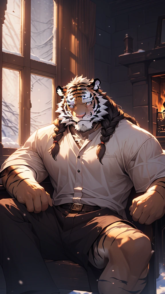 (masterpiece), (photorealistic:1.4), (1boy), (detailed face:1.2), (tiger male:1.5), (old:1.9), (aged), (retired general),(muscular build), (white fur:1.3), (long white beard), (long white braided hair), (loose shirt), (sitting), (resting), (calm expression), (peaceful eyes), (many scars), (scar on face), (scar on body), (indoors), (cold northern region), (room), (fireplace), (fire), (window), (snow outside), (winter), (night), (dim lighting), (cinematic lighting)