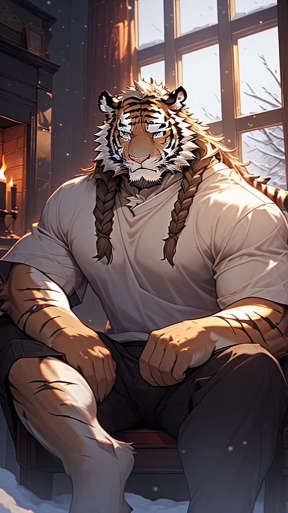 By Taran Fiddler, Bara, One man, furry, alone, orange tiger, mature male, dilf, older male, muscular, mustache, handsome face, orgasmic facial expression, pleasured face, orange and black fur, sitting down, seated on the ground, legs spread, naked, nude, masturbating, jerking off, huge cock, veiny cock, good view of cock, outdoors, in forest, sitting against tree trunk, wooded forest background, sitting on the grounf, dark, night time, at night, midnight