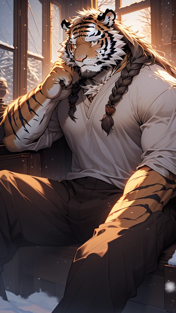 (masterpiece), (photorealistic:1.4), (1boy), (detailed face:1.2), (tiger male:1.5), (old:1.9), (aged), (retired general),(muscular build), (white fur:1.3), (long white beard), (long white braided hair), (loose shirt), (sitting), (resting), (calm expression), (peaceful eyes), (many scars), (scar on face), (scar on body), (indoors), (cold northern region), (room), (fireplace), (fire), (window), (snow outside), (winter), (night), (dim lighting), (cinematic lighting)