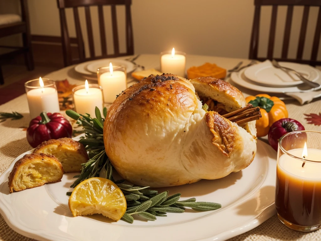 (Highest quality,4K,8K,High resolution,masterpiece:1.2),Super detailed,(Realistic,photoRealistic,photo-Realistic:1.37),Thanksgivingのディナー,Delicious Turkey,Roast turkey,Juicy Turkey,Chris Peter Key,Thanksgiving,Plate full of food,Rich aroma,Delicious looking food,delicious side dishes,Thanksgivingのテーブル,Food abundance,Good harvest,A treasure trove of flavours,Hearty gravy,Tender and juicy meat,perfectly cooked meal,Autumn decorations,Autumn colors,Family Gatherings,Warm and cozy atmosphere,Fun celebration,Happy Face,Satisfied expression,Gratitude,A memorable banquet,culinary masterpiece,Meticulous culinary presentation,Carefully crafted desserts,Charming pumpkin pie,Aromatic herbs and spices,Sage Stuffing,Colorful vegetables,Creamy Mashed Potatoes,Soft dinner rolls,Curling Steam,Rustling of leaves,Evening sunshine,Dim candle light,Warm candle glow,Mottled Shadows,Reflection on the table,Harmonious color palette,Subtle lighting effects,Vibrant autumn colors,Elegant tablecloths,Decorative Centerpieces,Shiny silverware,Prayer of Thanksgiving