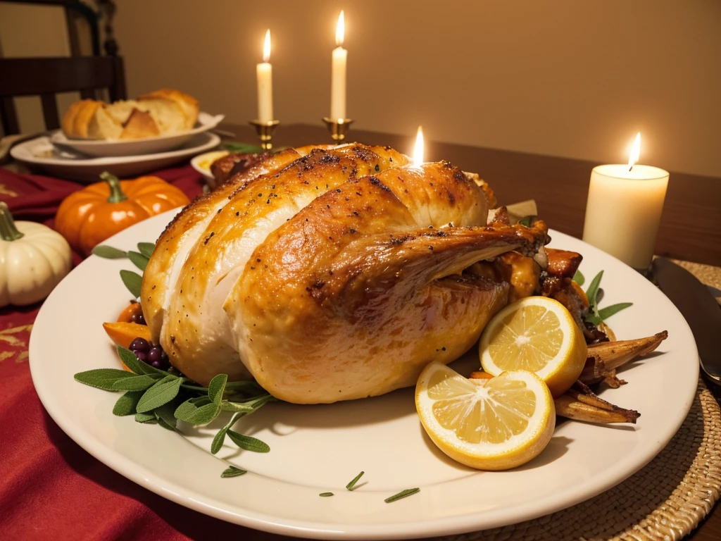 (Highest quality,4K,8K,High resolution,masterpiece:1.2),Super detailed,(Realistic,photoRealistic,photo-Realistic:1.37),Thanksgivingのディナー,Delicious Turkey,Roast turkey,Juicy Turkey,Chris Peter Key,Thanksgiving,Plate full of food,Rich aroma,Delicious looking food,delicious side dishes,Thanksgivingのテーブル,Food abundance,Good harvest,A treasure trove of flavours,Hearty gravy,Tender and juicy meat,perfectly cooked meal,Autumn decorations,Autumn colors,Family Gatherings,Warm and cozy atmosphere,Fun celebration,Happy Face,Satisfied expression,Gratitude,A memorable banquet,culinary masterpiece,Meticulous culinary presentation,Carefully crafted desserts,Charming pumpkin pie,Aromatic herbs and spices,Sage Stuffing,Colorful vegetables,Creamy Mashed Potatoes,Soft dinner rolls,Curling Steam,Rustling of leaves,Evening sunshine,Dim candle light,Warm candle glow,Mottled Shadows,Reflection on the table,Harmonious color palette,Subtle lighting effects,Vibrant autumn colors,Elegant tablecloths,Decorative Centerpieces,Shiny silverware,Prayer of Thanksgiving