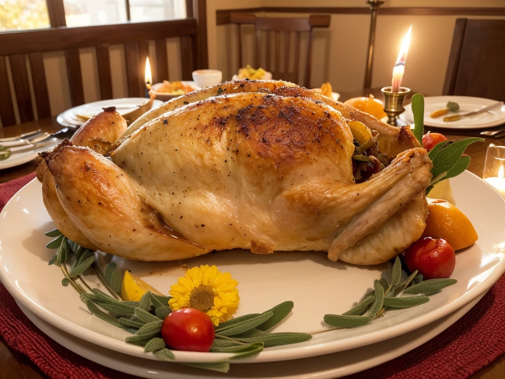 (Highest quality,4K,8K,High resolution,masterpiece:1.2),Super detailed,(Realistic,photoRealistic,photo-Realistic:1.37),Thanksgivingのディナー,Delicious Turkey,Roast turkey,Juicy Turkey,Chris Peter Key,Thanksgiving,Plate full of food,Rich aroma,Delicious looking food,delicious side dishes,Thanksgivingのテーブル,Food abundance,Good harvest,A treasure trove of flavours,Hearty gravy,Tender and juicy meat,perfectly cooked meal,Autumn decorations,Autumn colors,Family Gatherings,Warm and cozy atmosphere,Fun celebration,Happy Face,Satisfied expression,Gratitude,A memorable banquet,culinary masterpiece,Meticulous culinary presentation,Carefully crafted desserts,Charming pumpkin pie,Aromatic herbs and spices,Sage Stuffing,Colorful vegetables,Creamy Mashed Potatoes,Soft dinner rolls,Curling Steam,Rustling of leaves,Evening sunshine,Dim candle light,Warm candle glow,Mottled Shadows,Reflection on the table,Harmonious color palette,Subtle lighting effects,Vibrant autumn colors,Elegant tablecloths,Decorative Centerpieces,Shiny silverware,Prayer of Thanksgiving