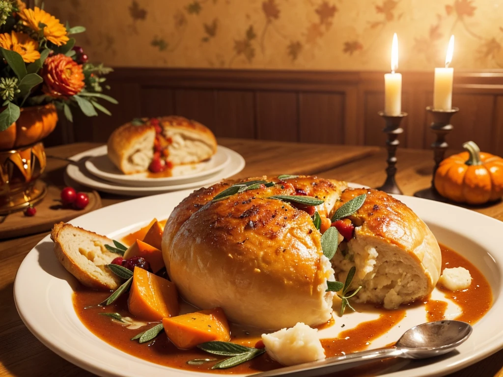 (Highest quality,4K,8K,High resolution,masterpiece:1.2),Super detailed,(Realistic,photoRealistic,photo-Realistic:1.37),Thanksgivingのディナー,Delicious Turkey,Roast turkey,Juicy Turkey,Chris Peter Key,Thanksgiving,Plate full of food,Rich aroma,Delicious looking food,delicious side dishes,Thanksgivingのテーブル,Food abundance,Good harvest,A treasure trove of flavours,Hearty gravy,Tender and juicy meat,perfectly cooked meal,Autumn decorations,Autumn colors,Family Gatherings,Warm and cozy atmosphere,Fun celebration,Happy Face,Satisfied expression,Gratitude,A memorable banquet,culinary masterpiece,Meticulous culinary presentation,Carefully crafted desserts,Charming pumpkin pie,Aromatic herbs and spices,Sage Stuffing,Colorful vegetables,Creamy Mashed Potatoes,Soft dinner rolls,Curling Steam,Rustling of leaves,Evening sunshine,Dim candle light,Warm candle glow,Mottled Shadows,Reflection on the table,Harmonious color palette,Subtle lighting effects,Vibrant autumn colors,Elegant tablecloths,Decorative Centerpieces,Shiny silverware,Prayer of Thanksgiving