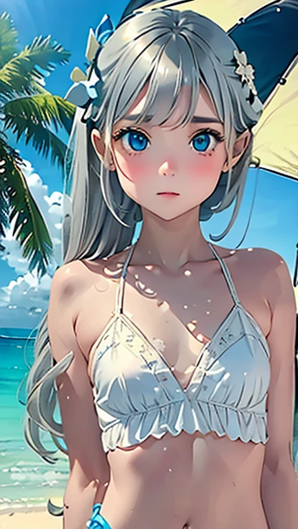RAW Photos、Realistic、Ultra-realistic、Perfect Anatomy、Correct skeleton、Small face、1 Girl、 masterpiece、14 years old、 8K, Very detailed, 、Very detailedな_face_eye、(Flat Body:1.34)、cute、Downward 、 Silver Hair, Grey eyes、 Beautiful face down to the last detail、Highly realistic photos、((White sand beach、Palm tree、blue sea、blue sky、))、Cowboy Shot、Beach parasol、Highest quality、Ultra-high resolution、