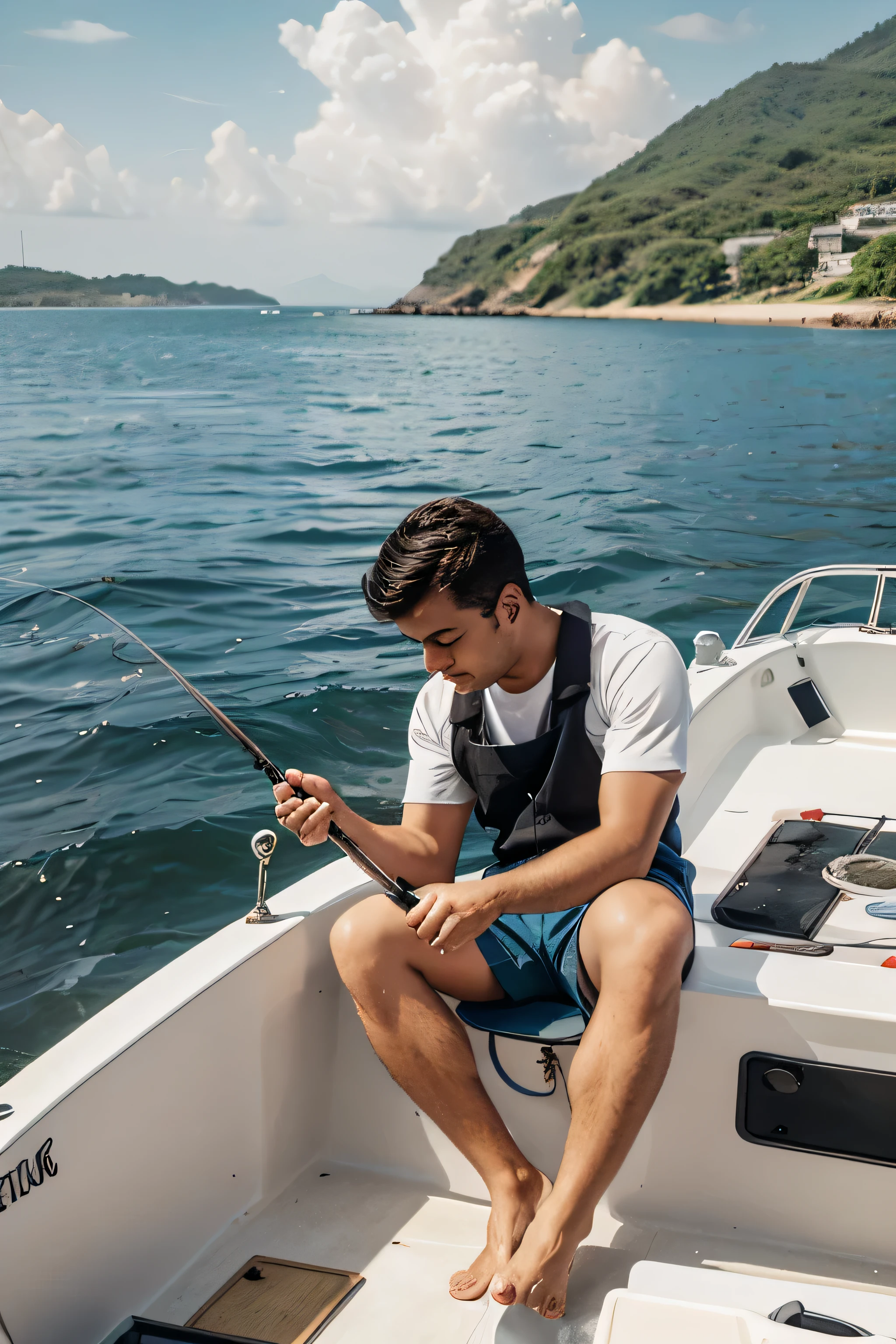 make me a man who is fishing in the sea with his small boat and catches lots of fish