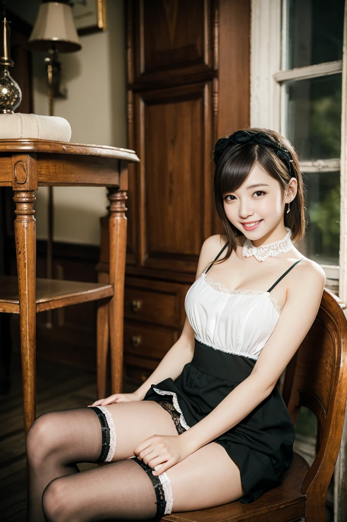 Pure Japanese maid girl, wearing traditional dark color French maid dress and accessories, garter stockings, high heels, vivid makeup, arranged hair styles, sweet and relaxed smile, sitting on antique chairs, near by windows in antique gothic style room, sweet temptation, sexual attractive, professional portrait photography, 