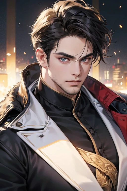 (best quality,4k,8k,highres,masterpiece:1.2),ultra-detailed,(realistic,photorealistic,photo-realistic:1.37),30 year old man,3 day beard,handsome anime,portraits,strong,masculine,dark hair,sharp jawline,mesmerizing eyes,perfectly styled hair,cool anime outfit,confident expression,vibrant colors,dynamic lighting, CEO and expression smile in love.