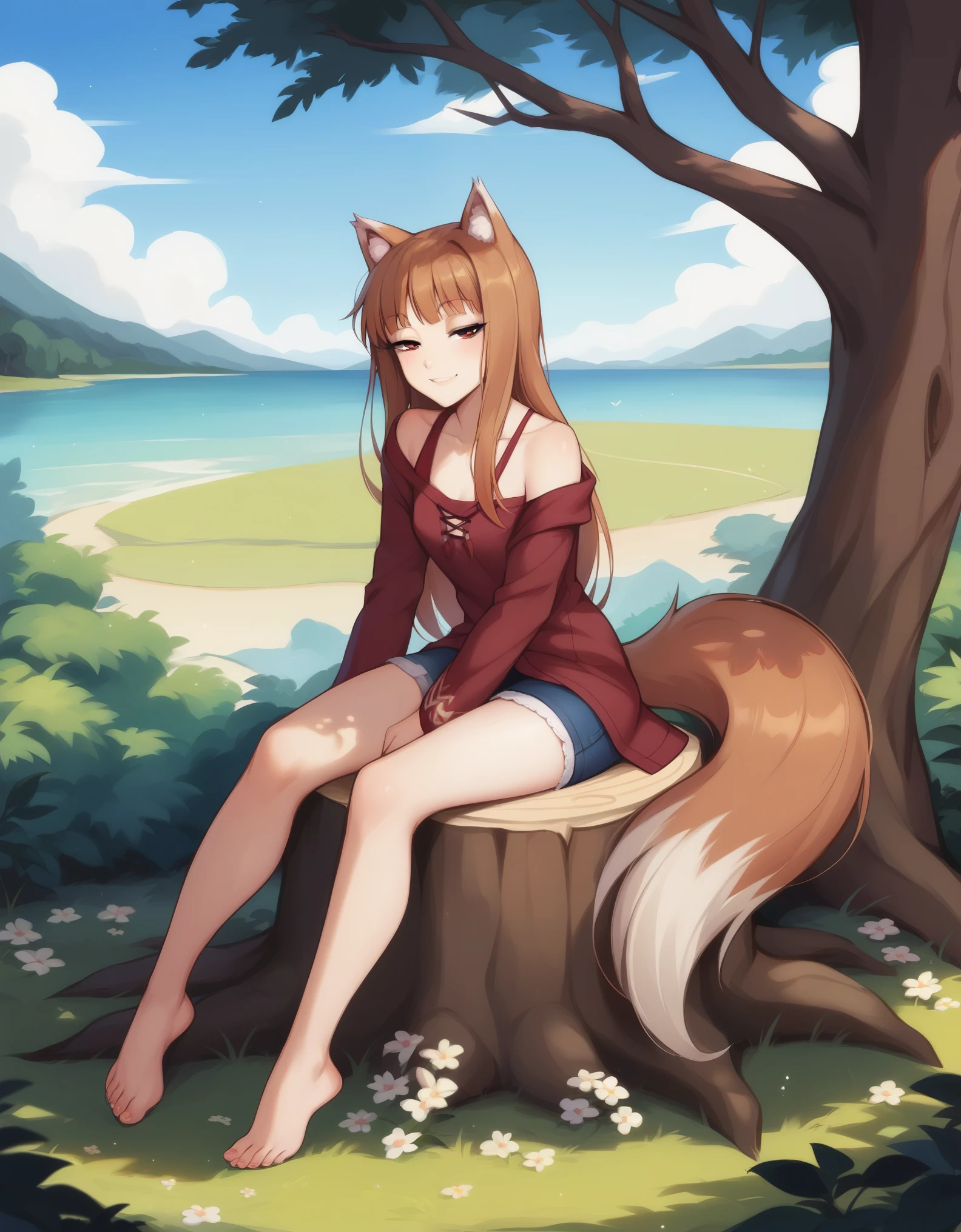 source_safe, 1girl, holo, animal ears, brown hair, long hair, red eyes, wolf ears, wolf girl, small breasts, wolf tail, spice and wolf, BREAK sitting, looking at viewer, (half-closed eyes), seductive smile, BREAK day, bare tree, outdoors, tree, tree stump, BREAK score_9, score_8_up, score_7_up, score_6_up,