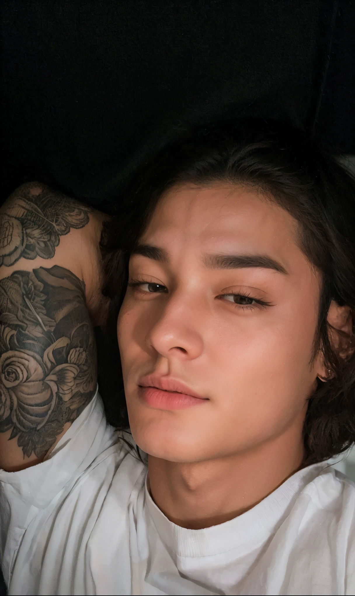 arafed man laying in bed with a dog and a tattoo on his chest, singer maluma, with tattoos, kim taehyung, laying in bed, posing in bed, tattooed, on my bed, laying back on the bed, lil peep, full scene shot, arian mark, tattooed man, inspired by Luca Zontini, lying in bed, inked, adam