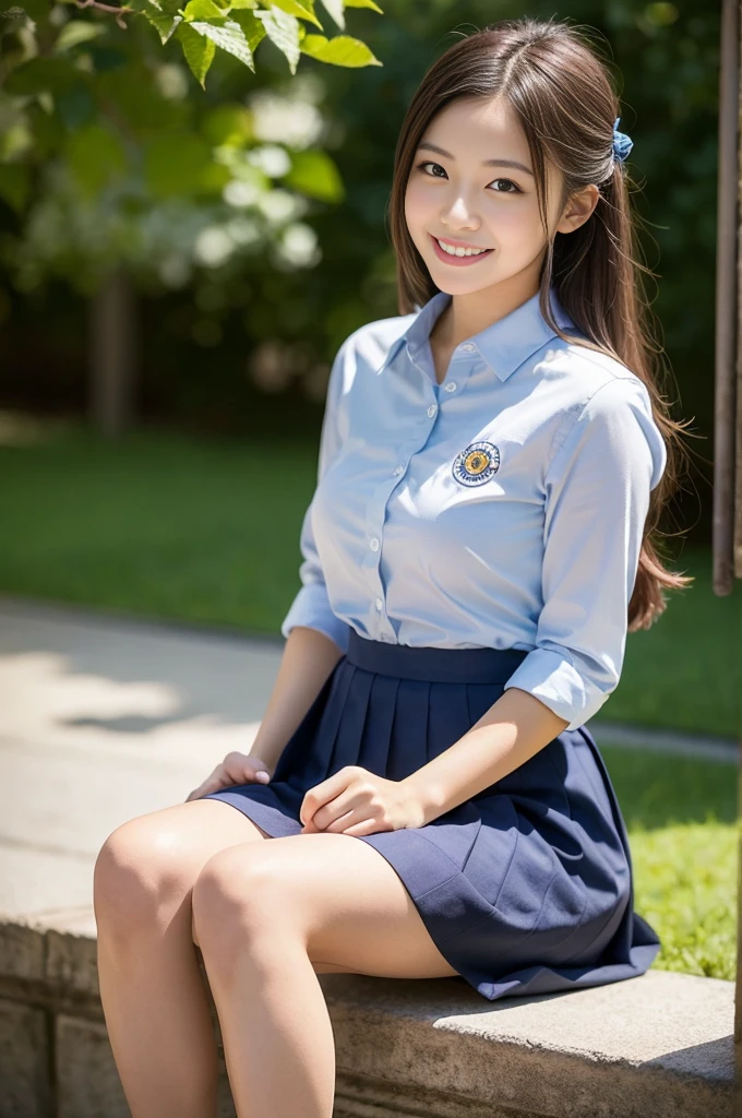 Pure Japanese school girl, wearing loose casual uniforms, natural hair styles, sweet smile, sitting relaxed mood, sweet temptation, sexual attractive, refreshing in early summer morning, professional portrait photography,
