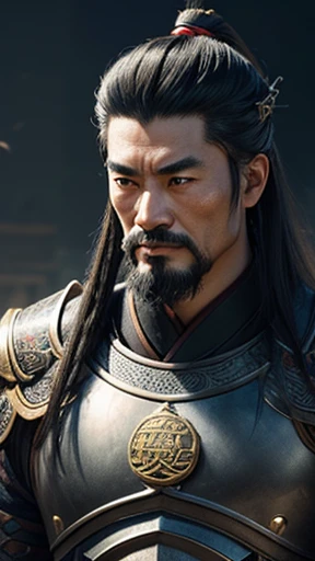 Oriental、Ancient Chinese man in iron armor、ancient chinese hairstyle male、Three Kingdomultiple warlords、Highest quality、masterpiece、Ultra-high resolution、(Realistic:1.4)、Game Poster、Crisp and beautiful image quality、alone