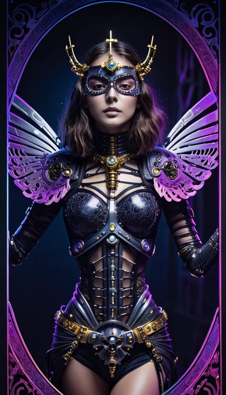 tarot card, chiaroscuro technique on sensual illustration of an queen of sword, a age fashion model wearing an exo-skeleton mask, vibrant colors, futuristic cyberpunk style, intricate details, cinematic lighting, dramatic pose, an elegant complex bio mechanical onyx and gold, intricate details