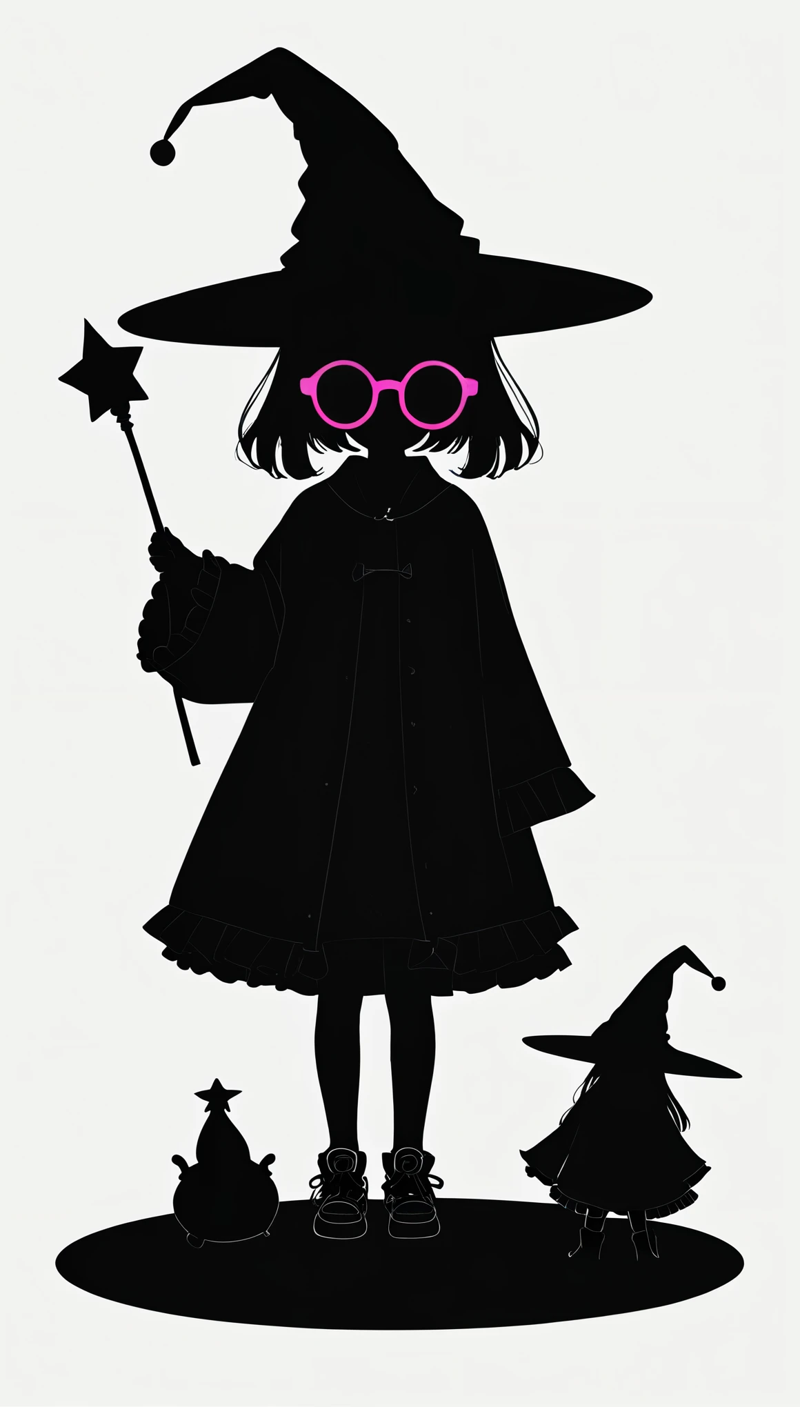 Liu Ye style,1 ,Lolita figuoose hip-hop clothing,Giant wide-brimmed wizard hat,Silhouette,Neon round sunglasses,Can't see the eyes,大面积blank,Minimalist composition,blank,White background,Chinese ink style,