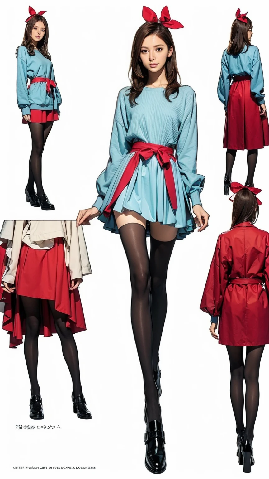 ((masterpiece)),(((Highest quality))),((Character design sheet)),Thin thighs,Long legs,((Alice in Wonderland, wearing a large ribbon on your head,, wear black tights,loafers))、20 year old Japanese woman, (Very slim:1.4)、Low - Angle,Walking:1.5,