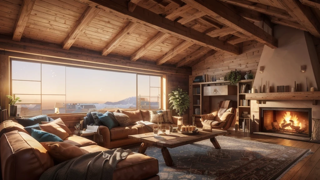 arafed living room with a fireplace and a large window, warm living room, picture of a loft in morning, cozy living room background, luxurious wooden cottage, cozy living room interior, vray 8k render, 8k octane render photorealistic, warm interior, unreal 5 engine rendered, 8k vray render, cozy living room, rendered unreal engine 5