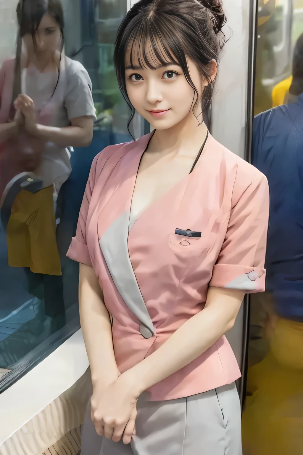 (masterpiece:1.2, Highest quality:1.2), 32k HDR, High resolution, (alone、1 girl)、 (Height: 160cm)、(On the rooftop of a building in the daytime、Professional Lighting)、Building rooftop background、(Nankai train crew uniform pinkを着たリアルスタイル)、(Nankai train crew uniform pink short sleeve collarless pink jacket、Nankai Train Crew Uniform Pink Collarless Short Sleeve Blouse、Nankai Train Crew Uniform Pink Grey Knee-length Culottes)、(The pink jacket is showing from the culottes.)、Dark brown hair、(Hair tied up、Hair tied up、Evening curly hairstyle)、Dark brown hair、Long Shot、Big Breasts、Thin legs、((Great hands:2.0)),((Harmonious body proportions:1.5)),((Normal limbs:2.0)),((Normal finger:2.0)),((Delicate eyes:2.0)),((Normal eyes:2.0)))、smile、(Nankai Train Crew Uniform Pink Grey Knee-length Culottesを見せた美しい歩く姿)、Place your hands around your stomach