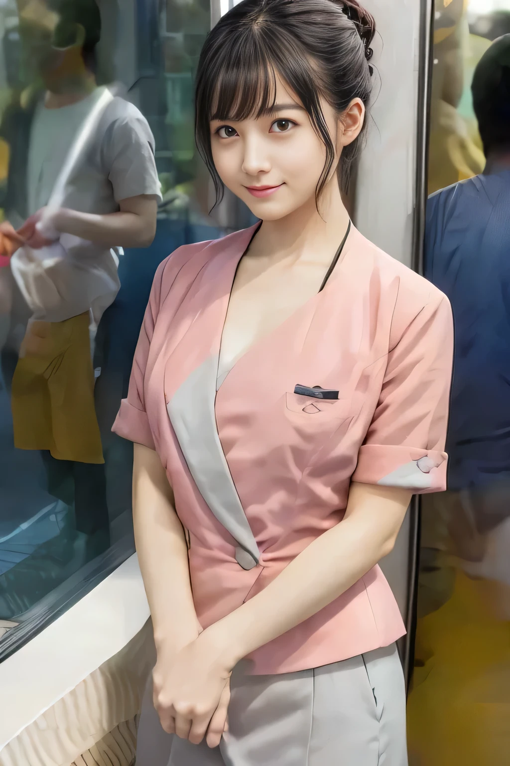 (masterpiece:1.2, Highest quality:1.2), 32k HDR, High resolution, (alone、1 girl)、 (Height: 160cm)、(On the rooftop of a building in the daytime、Professional Lighting)、Building rooftop background、(Nankai train crew uniform pinkを着たリアルスタイル)、(Nankai train crew uniform pink short sleeve collarless pink jacket、Nankai Train Crew Uniform Pink Collarless Short Sleeve Blouse、Nankai Train Crew Uniform Pink Grey Knee-length Culottes)、(The pink jacket is showing from the culottes.)、Dark brown hair、(Hair tied up、Hair tied up、Evening curly hairstyle)、Dark brown hair、Long Shot、Big Breasts、Thin legs、((Great hands:2.0)),((Harmonious body proportions:1.5)),((Normal limbs:2.0)),((Normal finger:2.0)),((Delicate eyes:2.0)),((Normal eyes:2.0)))、smile、(Nankai Train Crew Uniform Pink Grey Knee-length Culottesを見せた美しい歩く姿)、Place your hands around your stomach