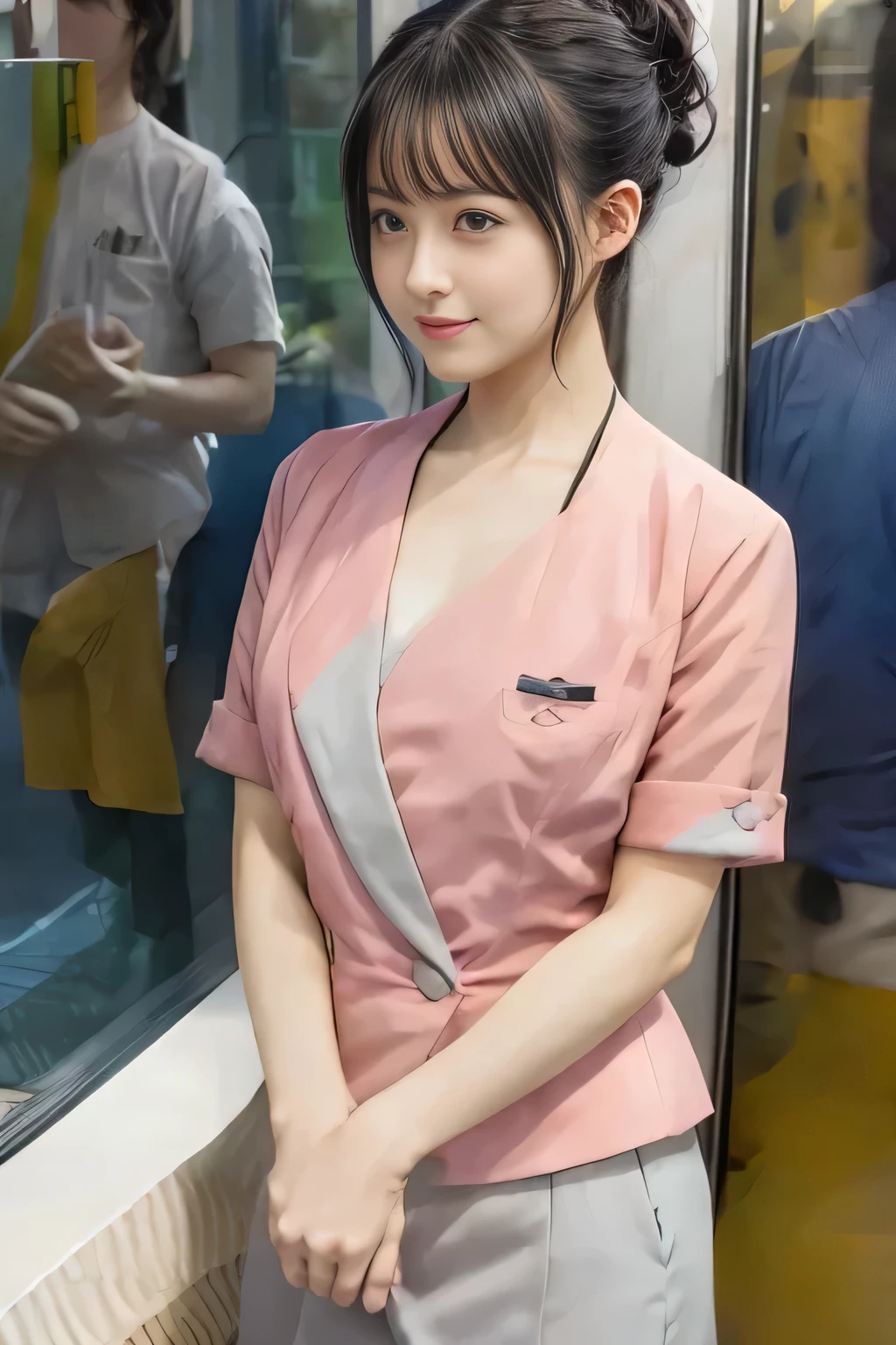 (masterpiece:1.2, Highest quality:1.2), 32k HDR, High resolution, (alone、1 girl)、 (Height: 160cm)、(On the rooftop of a building in the daytime、Professional Lighting)、Building rooftop background、(Nankai train crew uniform pinkを着たリアルスタイル)、(Nankai train crew uniform pink short sleeve collarless pink jacket、Nankai Train Crew Uniform Pink Collarless Short Sleeve Blouse、Nankai Train Crew Uniform Pink Grey Knee-length Culottes)、(The pink jacket is showing from the culottes.)、Dark brown hair、(Hair tied up、Hair tied up、Evening curly hairstyle)、Dark brown hair、Long Shot、Big Breasts、Thin legs、((Great hands:2.0)),((Harmonious body proportions:1.5)),((Normal limbs:2.0)),((Normal finger:2.0)),((Delicate eyes:2.0)),((Normal eyes:2.0)))、smile、(Nankai Train Crew Uniform Pink Grey Knee-length Culottesを見せた美しい歩く姿)、Place your hands around your stomach